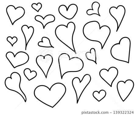 Outline heart clipart set isolated on transparent background. Hand drawn heart outline clipart in black on transparent 139322324