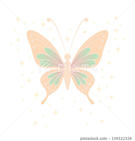 Fantasy pastel butterfly with elegant decorative wings Cute fairy butterfly illustration for children designs Fantasy pastel butterfly with elegant decorative wings Cute fairy butterfly illustration for children designs 139322326