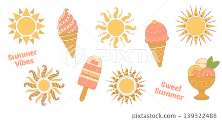 Boho summer vector collection with hand drawn sun symbols and ice cream cones, flat aesthetic seasonal illustrations for greeting cards, social media content, and branding design Boho summer vector collection with hand drawn sun symbols and ice cream cones, flat aesthetic seasonal illustrations for greeting cards, social media content, and branding design 139322488