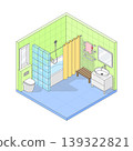 Vector isometric cute cartoon simple bathroom. Bathroom with white modern furniture, white bathtub, washbasin and toilet, large window. Minimalist modern interior 139322821