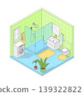 Vector isometric cute cartoon simple bathroom. Bathroom with white modern furniture, shower, washbasin, washing machine and toilet, large window. Minimalist modern interior 139322822
