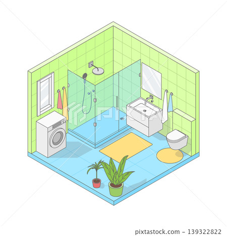 Vector isometric cute cartoon simple bathroom. Bathroom with white modern furniture, shower, washbasin, washing machine and toilet, large window. Minimalist modern interior Vector isometric cute cartoon simple bathroom. Bathroom with white modern furniture, shower, washbasin, washing machine and toilet, large window. Minimalist modern interior 139322822