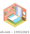 Vector isometric cute cartoon simple bedroom.Bedroom with wooden modern furniture, double bed, mirror, shelves and large window. Minimalist modern interior 139322823