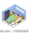 Vector isometric cartoon cute simple car tire service center. Includes car on lift, tires, tire changer, balancing machine, other service equipment and tools 139322824