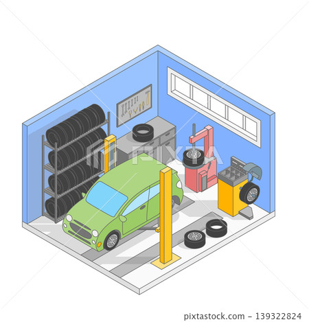 Vector isometric cartoon cute simple car tire service center. Includes car on lift, tires, tire changer, balancing machine, other service equipment and tools Vector isometric cartoon cute simple car tire service center. Includes car on lift, tires, tire changer, balancing machine, other service equipment and tools 139322824