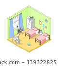 Vector isometric cute cartoon simple children's room.Room with wooden modern furniture, two beds, little table, chairs, toys, board and large window. Minimalist modern interior 139322825