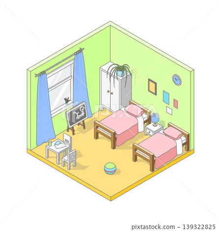 Vector isometric cute cartoon simple children's room.Room with wooden modern furniture, two beds, little table, chairs, toys, board and large window. Minimalist modern interior Vector isometric cute cartoon simple children's room.Room with wooden modern furniture, two beds, little table, chairs, toys, board and large window. Minimalist modern interior 139322825