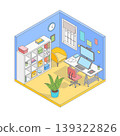 Vector isometric cute cartoon simple workroom of designer or artist. Room with white modern furniture, table with computer, office chair, rack, cabinet and large window. Minimalist modern interior 139322826