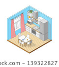 Vector isometric cute cartoon simple Kitchen. Kitchen with modern furniture, refrigerator, oven, stove, shelves and large window. Minimalist modern interior 139322827