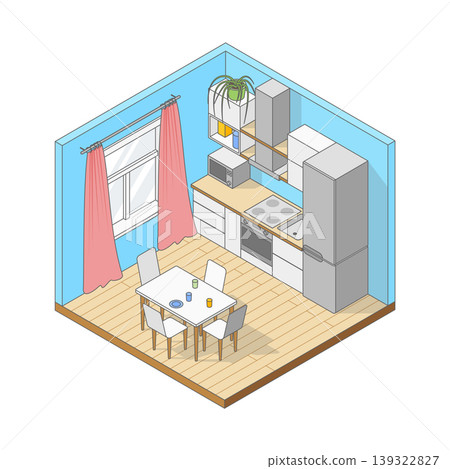 Vector isometric cute cartoon simple Kitchen. Kitchen with modern furniture, refrigerator, oven, stove, shelves and large window. Minimalist modern interior Vector isometric cute cartoon simple Kitchen. Kitchen with modern furniture, refrigerator, oven, stove, shelves and large window. Minimalist modern interior 139322827