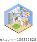 Vector isometric cute cartoon simple corner Kitchen. Kitchen with modern furniture, refrigerator, oven, stove, shelves and large window. Minimalist modern interior 139322828