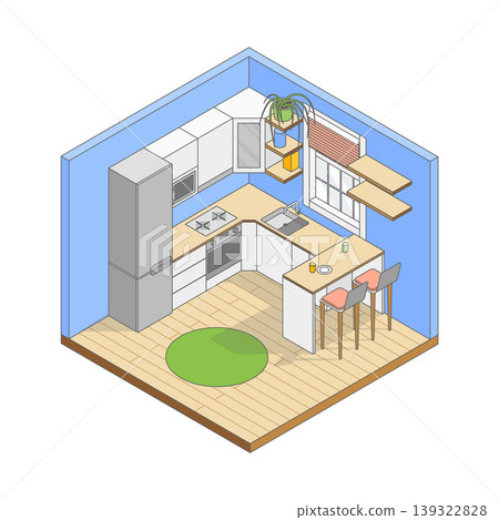 Vector isometric cute cartoon simple corner Kitchen. Kitchen with modern furniture, refrigerator, oven, stove, shelves and large window. Minimalist modern interior 139322828