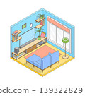 Vector isometric cute cartoon simple living room. Living room with wooden modern furniture, tv, sofa, floor lamp, shelves and large window. Minimalist modern interior 139322829