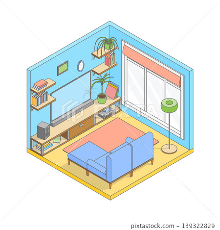 Vector isometric cute cartoon simple living room. Living room with wooden modern furniture, tv, sofa, floor lamp, shelves and large window. Minimalist modern interior 139322829