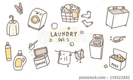 A set of simple, hand-drawn illustrations of laundry-related items (1) 139322882