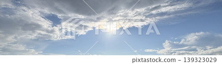 A panoramic photograph of a cloudy spring sky with the sun in the center. 139323029
