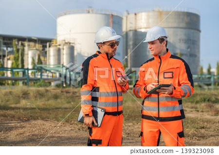 Two Caucasian Male Engineers 30s Using Radio and Tablet at Industrial Silos Europe for Site Logistics 139323098