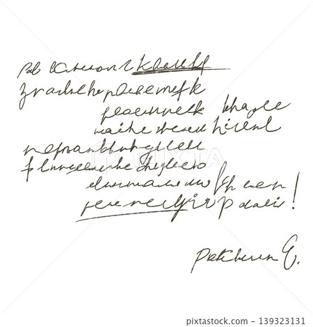 Handwritten script set, ink doodle collection with illegible cursive letters. Faux manuscript writing, vintage note drawing, abstract paper document element. Handwritten script design. 139323131