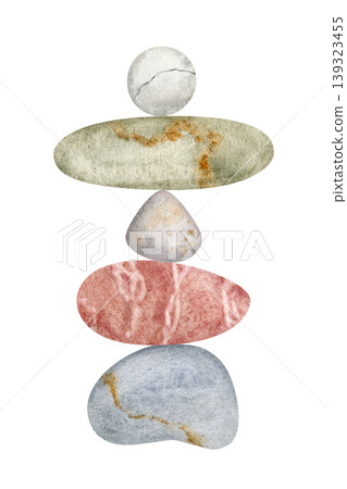 Balanced stones watercolor illustration, harmony and mindfulness concept Balanced stones watercolor illustration, harmony and mindfulness concept 139323455