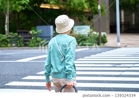 The back view of a senior woman holding a pushcart in front of a crosswalk. The back view of a senior woman holding a pushcart in front of a crosswalk. 139324334