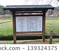 A sign in Shinjo Village, Maniwa City, Okayama Prefecture, explaining the Izumo Kaido, a road connecting the San'in and Sanyo regions, with a row of cherry trees visible in the background. 139324375