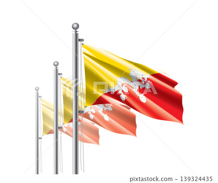 Brightly shining Bhutanese flags wave proudly on tall masts during official celebration events Brightly shining Bhutanese flags wave proudly on tall masts during official celebration events 139324435