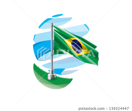 Brazilian flag on a green lawn against a background of blue abstract sky Brazilian flag on a green lawn against a background of blue abstract sky 139324447