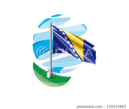 Bosnia and Herzegovina flag on a green lawn against a background of blue abstract sky Bosnia and Herzegovina flag on a green lawn against a background of blue abstract sky 139324463