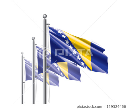 Brightly shining Bosnia and Herzegovina flags wave proudly on tall masts during official celebration events Brightly shining Bosnia and Herzegovina flags wave proudly on tall masts during official celebration events 139324466