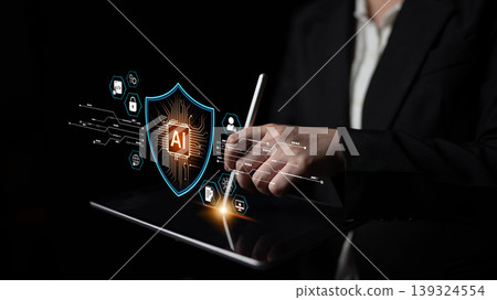 AI Cybersecurity Shield with Data Protection Icons and Circuit Lines. Corpus 139324554