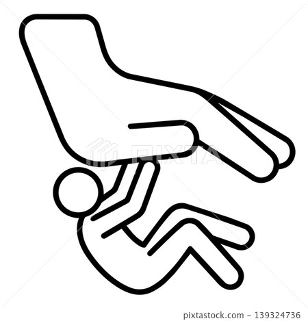 Minimalist line art icon of a small stick figure falling backward under a giant hand, representing failure, collapse, and overwhelming pressure. Minimalist line art icon of a small stick figure falling backward under a giant hand, representing failure, collapse, and overwhelming pressure. 139324736