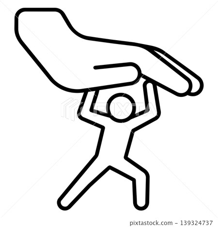Minimalist line art icon of a small stick figure pushing up against a giant oppressive hand, symbolizing resistance, pressure, and heavy burden. Minimalist line art icon of a small stick figure pushing up against a giant oppressive hand, symbolizing resistance, pressure, and heavy burden. 139324737
