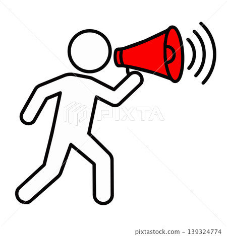 Line art stick figure running with a red megaphone. Vector icon of urgent announcement, active marketing, and protest. Line art stick figure running with a red megaphone. Vector icon of urgent announcement, active marketing, and protest. 139324774