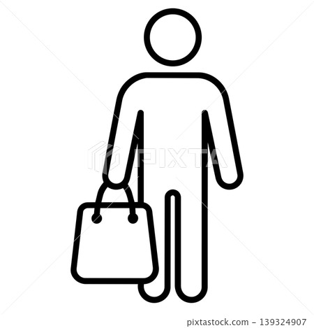 Line art stick figure icon standing and holding a shopping bag. Vector illustration of retail, consumer, and shopping. 139324907
