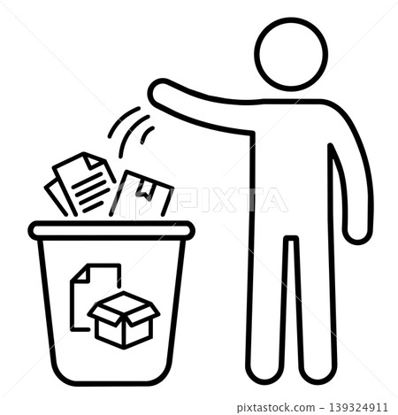 Line art stick figure throwing paper documents and cardboard box into a recycling bin. Vector icon of paper waste sorting. Line art stick figure throwing paper documents and cardboard box into a recycling bin. Vector icon of paper waste sorting. 139324911