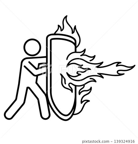 Line art stick figure holding a shield to block a blast of fire. Vector icon of firewall, cybersecurity, and defense. Line art stick figure holding a shield to block a blast of fire. Vector icon of firewall, cybersecurity, and defense. 139324916