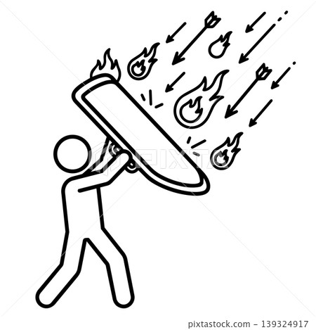 Line art stick figure holding a shield overhead to block a rain of flaming arrows. Vector icon of defense, cybersecurity, and surviving multiple threats. Line art stick figure holding a shield overhead to block a rain of flaming arrows. Vector icon of defense, cybersecurity, and surviving multiple threats. 139324917