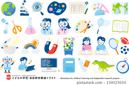 適用於小學生暑期計畫和學習、兒童教育和課外活動、STEAM 教育以及與學習相關的教育材料的圖標插圖。 適用於小學生暑期計畫和學習、兒童教育和課外活動、STEAM 教育以及與學習相關的教育材料的圖標插圖。 139325034