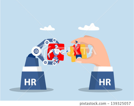 Hand HR put new joiner to connect,businessmen with ai or Artificial Intelligence robot on jigsaw puzzle, new joiner to fill in team and solve problem,put right man in the right job Hand HR put new joiner to connect,businessmen with ai or Artificial Intelligence robot on jigsaw puzzle, new joiner to fill in team and solve problem,put right man in the right job 139325057