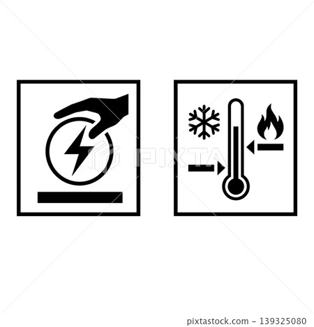 Vector set of black packaging warning labels: electrostatic sensitive device (ESD) hazard and storage temperature limit icons. Vector set of black packaging warning labels: electrostatic sensitive device (ESD) hazard and storage temperature limit icons. 139325080
