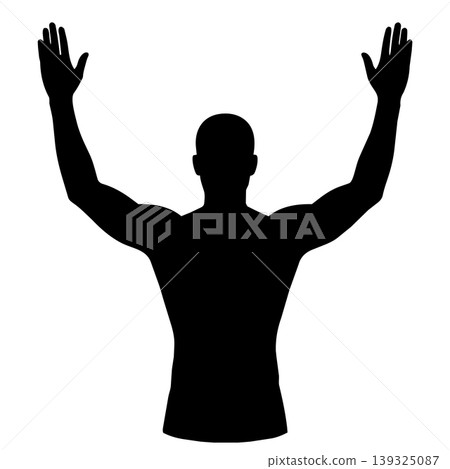 Black silhouette of a male figure with both arms raised. Vector illustration of a man showing hands up in victory or surrender. 139325087