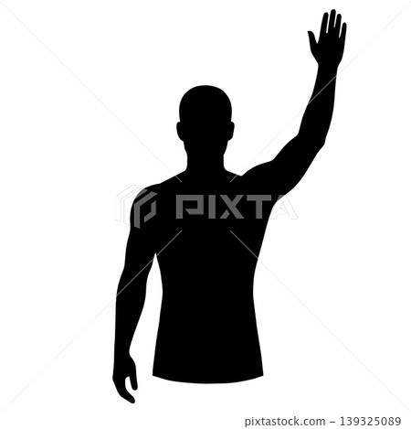 Black silhouette of a male figure raising his hand. Vector illustration of a man volunteering, asking a question, or greeting. Black silhouette of a male figure raising his hand. Vector illustration of a man volunteering, asking a question, or greeting. 139325089