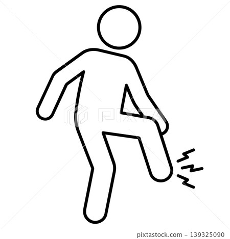 Minimalist line art stick figure icon suffering from leg pain, foot injury, or muscle cramp. Vector illustration. Minimalist line art stick figure icon suffering from leg pain, foot injury, or muscle cramp. Vector illustration. 139325090