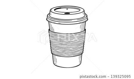 Hand drawn vector line art illustration of a takeaway paper coffee cup with lid and sleeve. 139325095