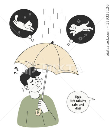 Neurodiversity Life and Autism Awareness. Autistic Man Person Interpreting Idiom It Is Raining Cats and Dogs Literally. Language Processing and Literal Thinking Concept. Minimalist Vector Illustration 139325126