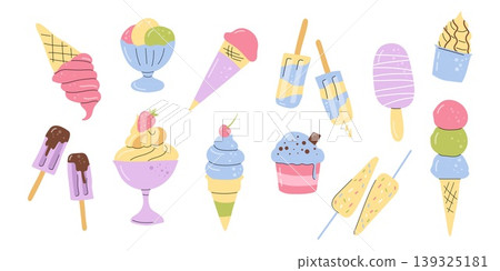 Ice cream and frozen desserts set flat vector illustration Ice cream and frozen desserts set flat vector illustration 139325181