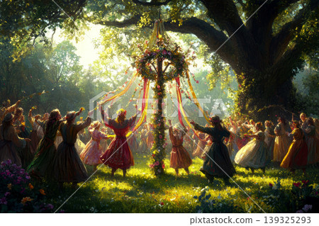 art of whimsical May Day festival in a lush green meadow. 139325293