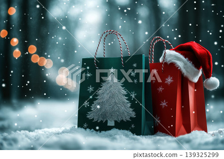 Festive red shopping bags with snowflakes and a Santa hat , set against a snowy background . holiday and vocation concept. 139325299