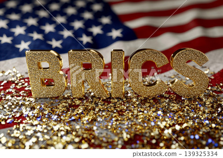 The Gold Brics and coins on USA flag Background 3d Rendering. 139325334