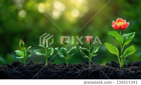 flower plants in different growth stages on blur green background. flower plants in different growth stages on blur green background. 139325341